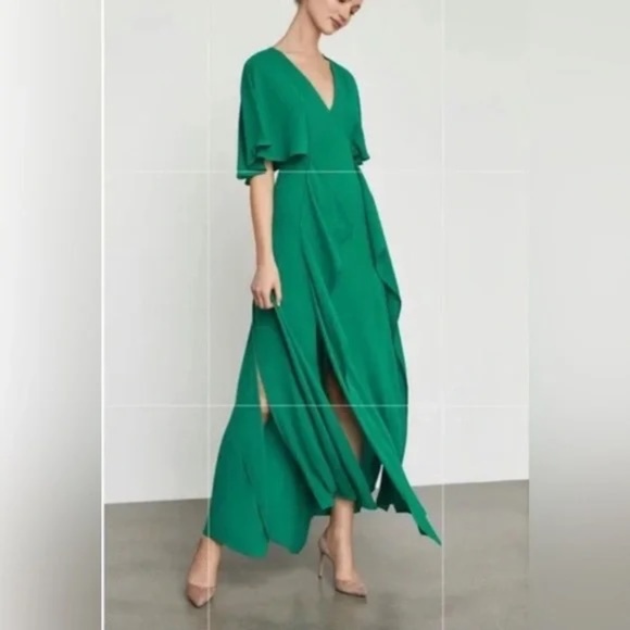 NWT BCBGMAXAZRIA V-neck Flounce Maxi Gown Dress In Green - Picture 2 of 9